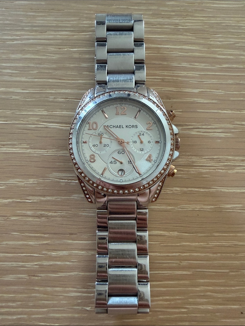 Michael Kors Silver and Rose Gold-Tone Crystal Chronograph Watch